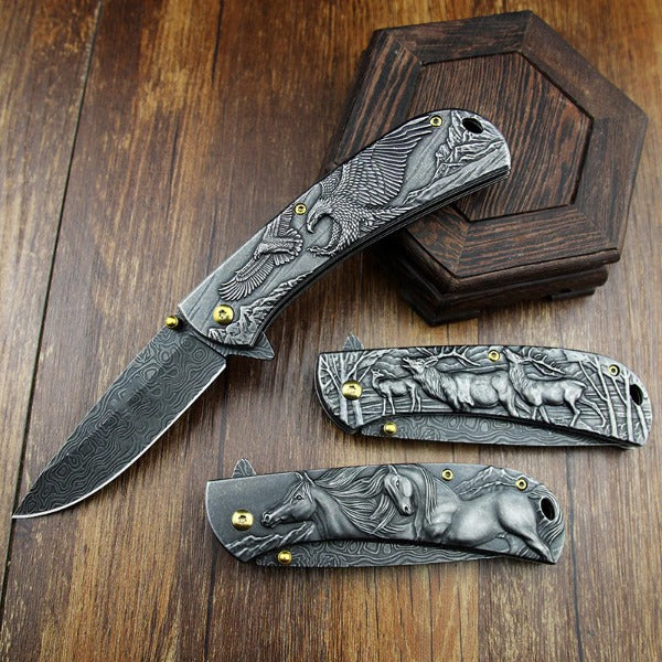 Sheep Eagle and Horse Motif Handle Folding Knife for Outdoor Hunting and EDC - Image 6