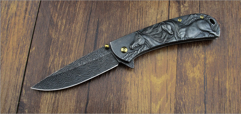 Sheep Eagle and Horse Motif Handle Folding Knife for Outdoor Hunting and EDC - Image 5