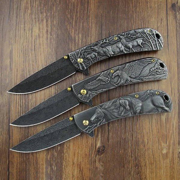 Sheep Eagle and Horse Motif Handle Folding Knife for Outdoor Hunting and EDC - Image 1