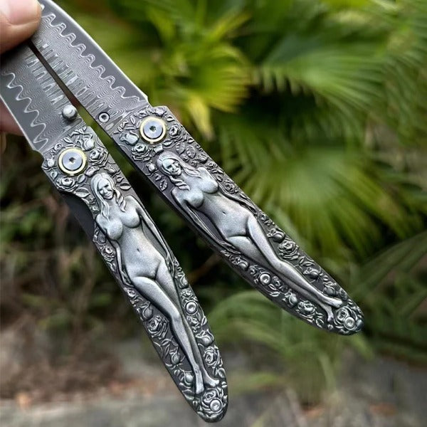 Vintage Handle Folding Knife Featuring a Damascus Steel Blade - Imagen 6