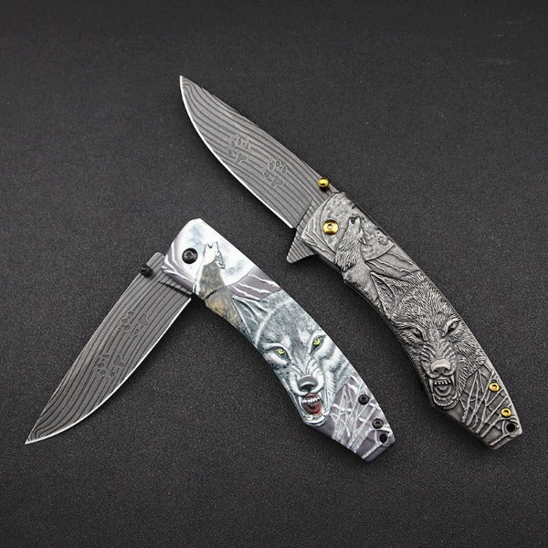 Camping and Hunting Folding Knife with Wolf Pattern Handle for Pocket EDC Use - Image 1